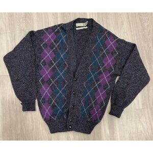Christopher Hayes Cardigan argyle pattern Plaid 100% Shetland Wool Grandpa Sz M